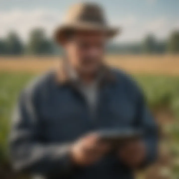 A farmer analyzing data on a digital tablet