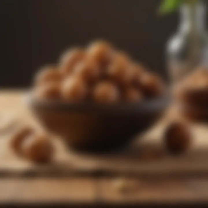 A bowl of fresh longan served in a culinary presentation.