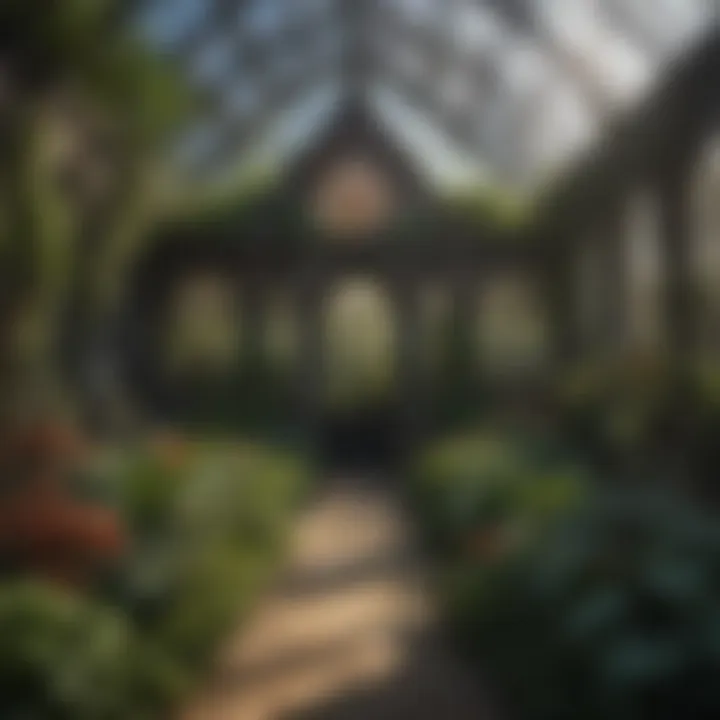 A beautiful garden scene featuring a gothic style greenhouse