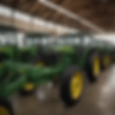 Interior view of a John Deere dealership showing various farming equipment