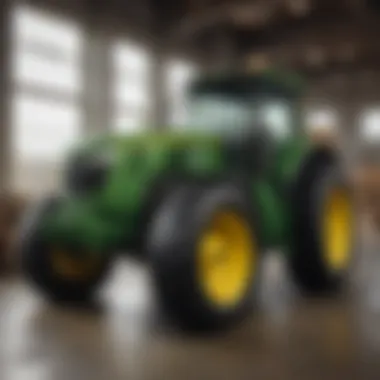 A modern John Deere tractor on display at a dealership