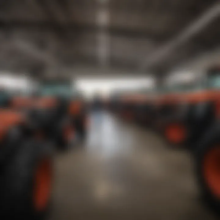 Wide shot of farmers examining Kubota tractors in a dealership