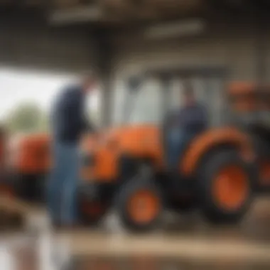 Farmers evaluating Kubota package deals at a dealership