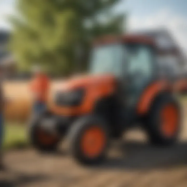 A farmer reviewing Kubota tractor package brochures with a dealer in Ohio