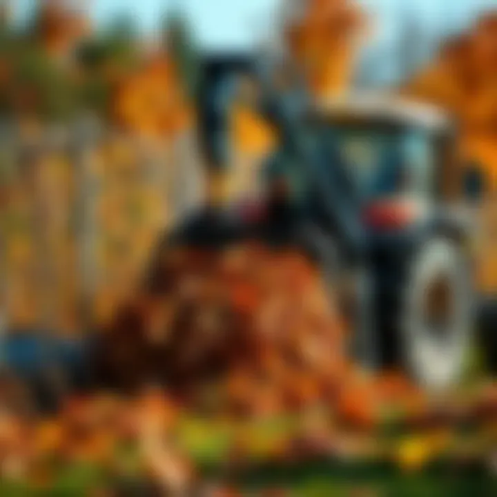 Leaf Collector Attachment in Action Amidst Autumn Foliage Leaf collector attachment in action on a lush garden during autumn