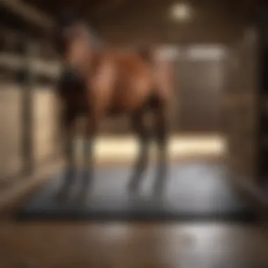 Horse standing comfortably on rubber mat in a stable