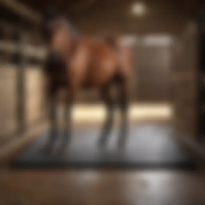 Horse standing comfortably on rubber mat in a stable