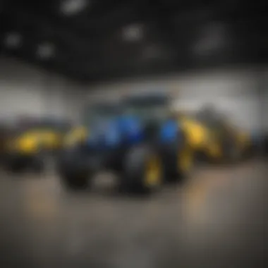 Display of New Holland agricultural equipment at a dealership