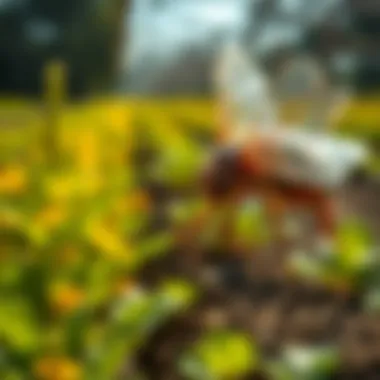 Integrated Pest Management Strategies A vibrant illustration of integrated pest management strategies being implemented in a sustainable farming system.