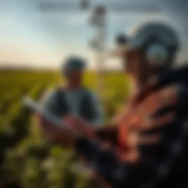 Agricultural professionals utilizing advanced technology for monitoring pest activity in fields.