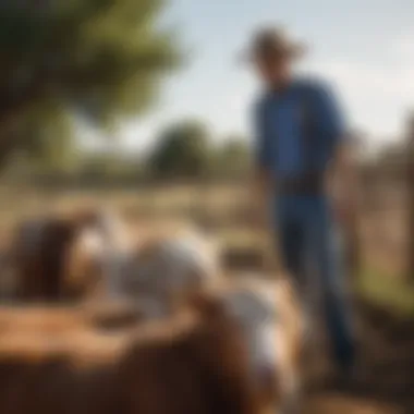 Two individuals tending to livestock on a ranch