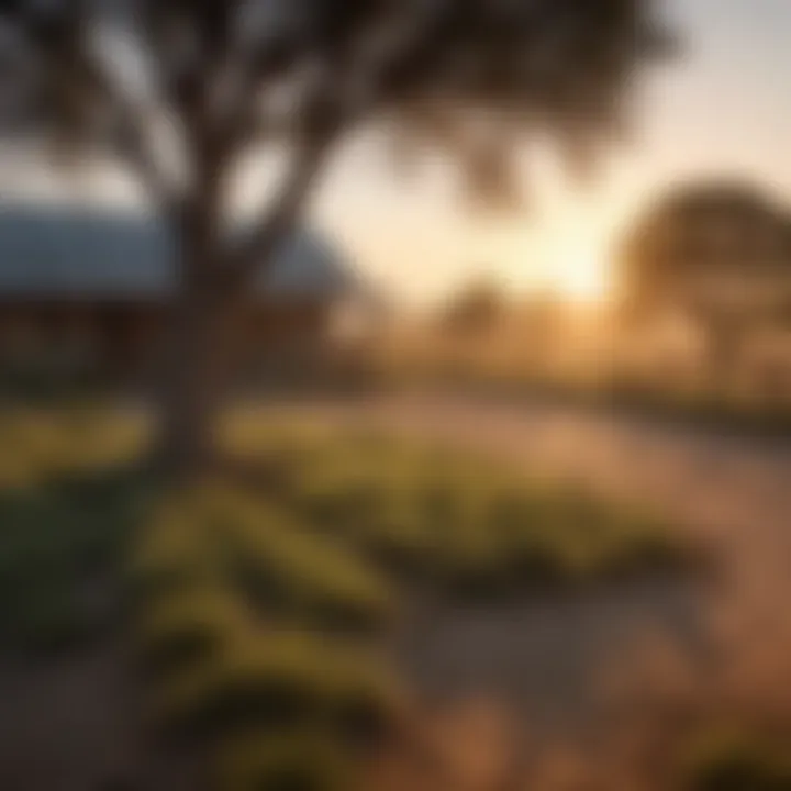 A scenic view of a Texas ranch at sunset