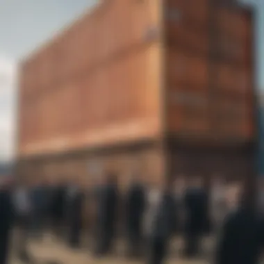 An auctioneer presenting a shipping container for bid