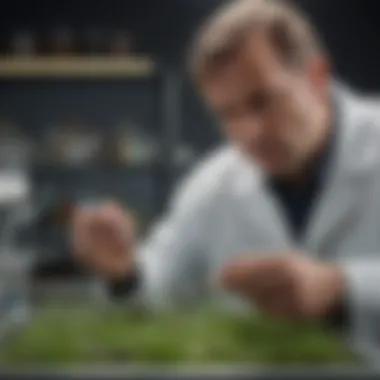 A researcher examining Bermudagrass samples in a laboratory setting.