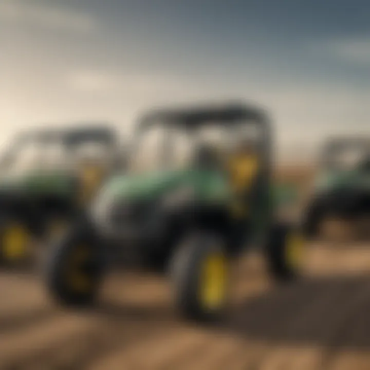 Various models of John Deere Gators lined up