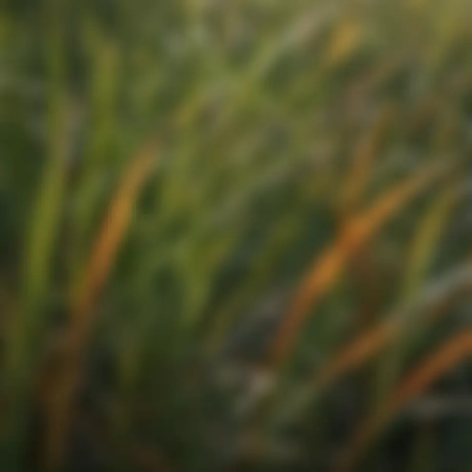 A close-up view of diverse grass blades showcasing various textures and colors.