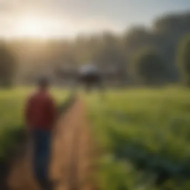 A farmer observing drone operations in a lush agricultural landscape