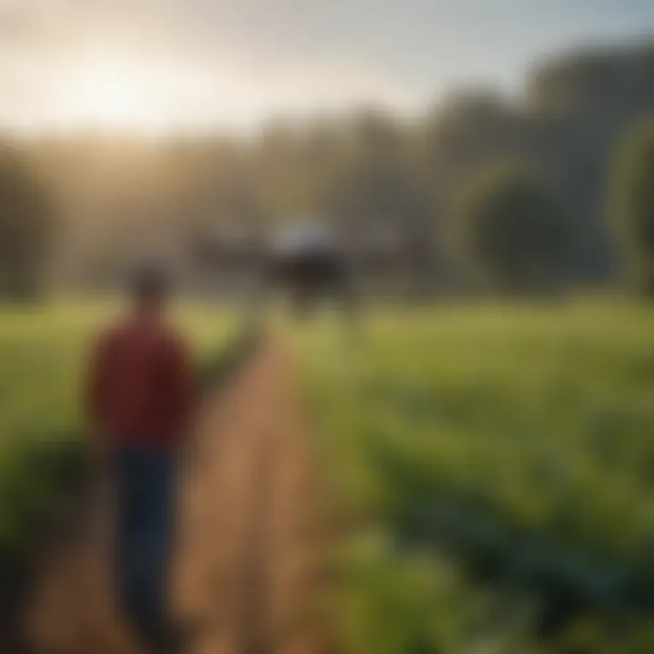 A farmer observing drone operations in a lush agricultural landscape