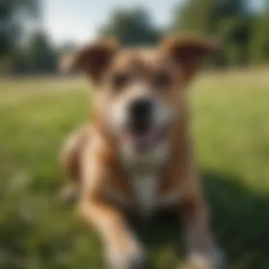 Dog playing on a grassy field