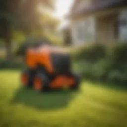 Compact mini baler attached to a lawn mower in a vibrant garden.