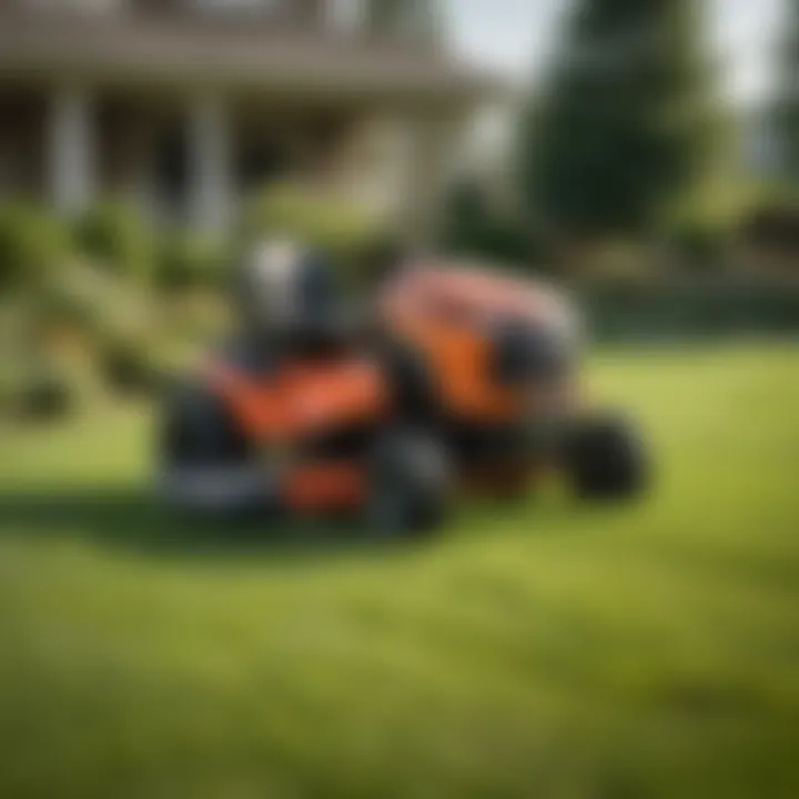 Riding lawn mower parked beside a well-maintained lawn