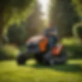 A modern riding lawn mower cutting grass in a landscaped garden