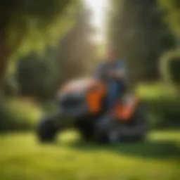 A modern riding lawn mower cutting grass in a landscaped garden