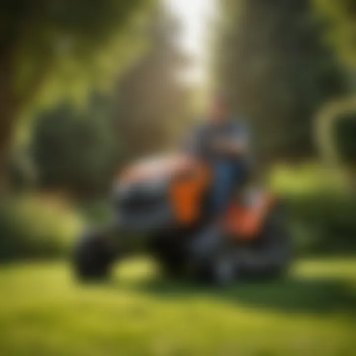 A modern riding lawn mower cutting grass in a landscaped garden