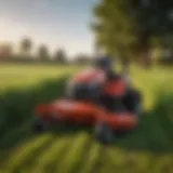 Overview of a small stander mower in action on a lush green field