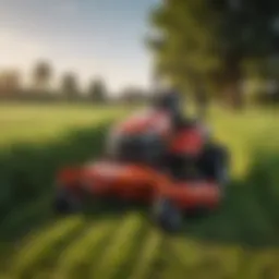Overview of a small stander mower in action on a lush green field