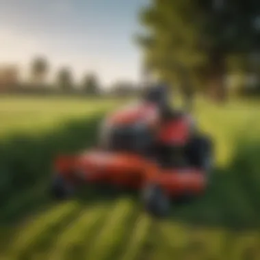 Overview of a small stander mower in action on a lush green field