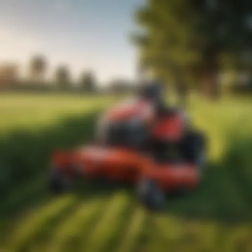 Overview of a small stander mower in action on a lush green field