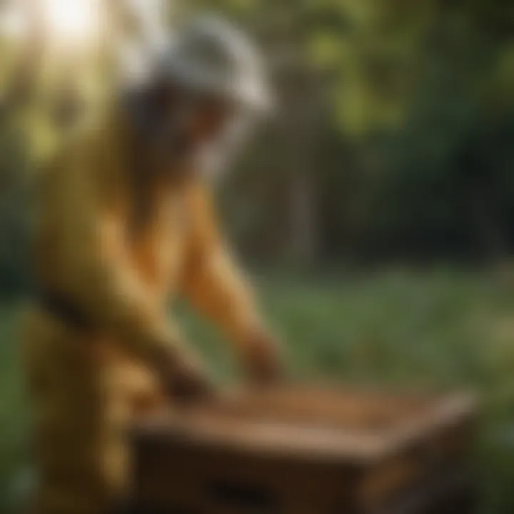 A beekeeper tending to a hive surrounded by lush greenery