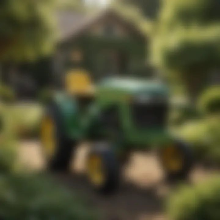 A compact John Deere tractor parked in a garden.