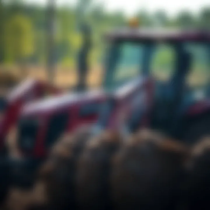 A tractor equipped with a three-point hitch backhoe in action