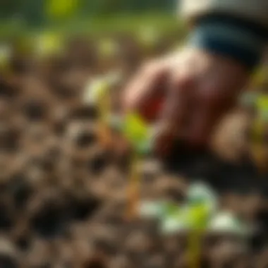 A close-up of seedlings being planted in soil