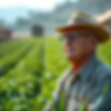 A veteran farmer surveying his lush green field