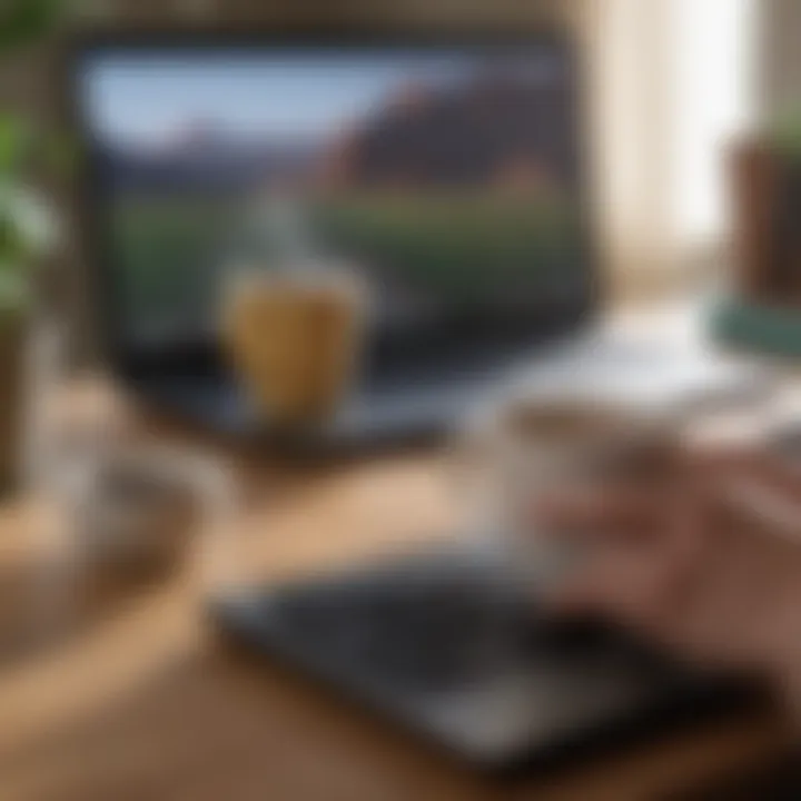 A close-up of a person typing on a laptop with a coffee mug