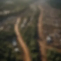 Aerial view of deforested land juxtaposed with factory farms