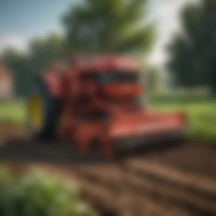 A well-maintained tiller positioned amidst flourishing crops, emphasizing its role in soil preparation.