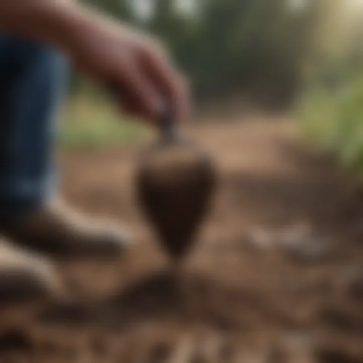 Close-up of a farmer analyzing soil quality with tools