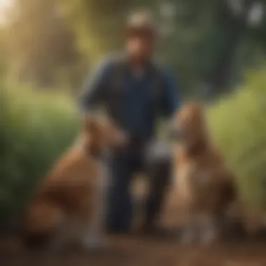 Collaboration Between Farmer and Dog A farmer interacting with a dog, symbolizing the partnership between agriculture and canine support.