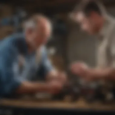 A farmer examining a piece of used equipment with a dealer representative
