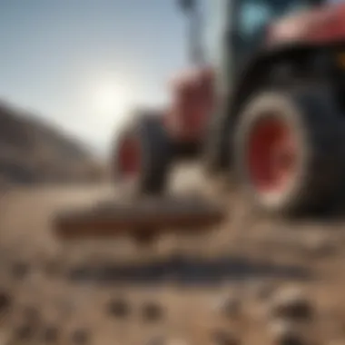 A farmer maintaining a rock rake with focus on construction materials