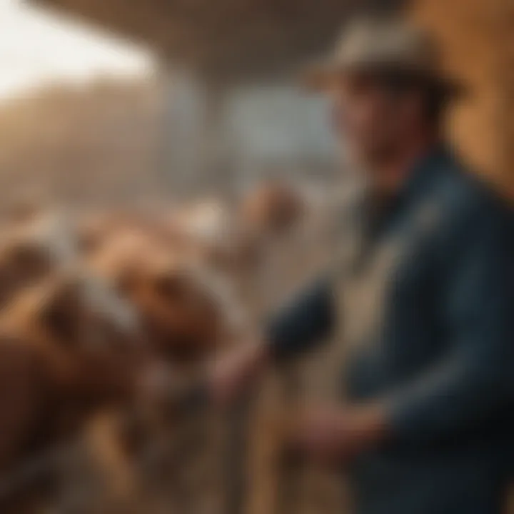 A farmer observing livestock interacting with haynets