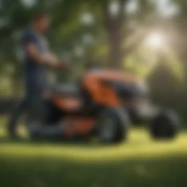 Technician inspecting a lawn mower for repairs