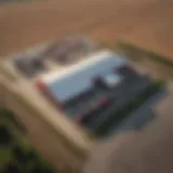 A serene aerial view of a Tractor Supply store surrounded by farmland