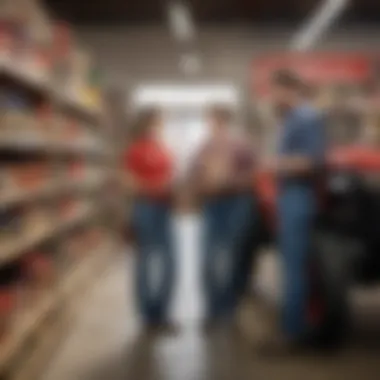 A friendly store associate assisting a customer with farm equipment