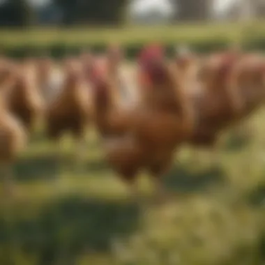 Free-range chickens roaming in a grassy field