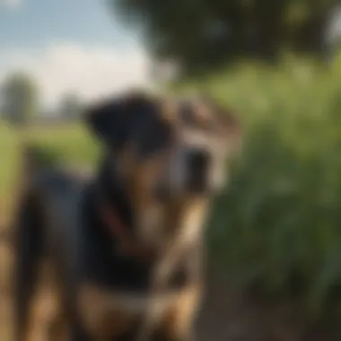 Frontline Dog Amidst Agriculture A frontline dog in a lush agricultural field, showcasing its role in farming ecosystems.